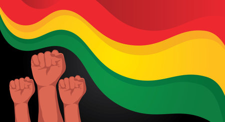 Illustration of a black background with hands raised in the colors of the flag of Boliviaのイラスト素材