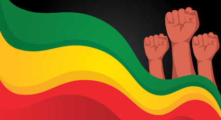 Illustration of a black background with a flag of Bolivia and hands raised upのイラスト素材