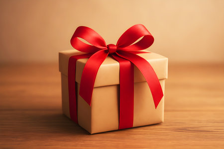 Gift box with red ribbon bow on wooden background. 3d renderingの素材