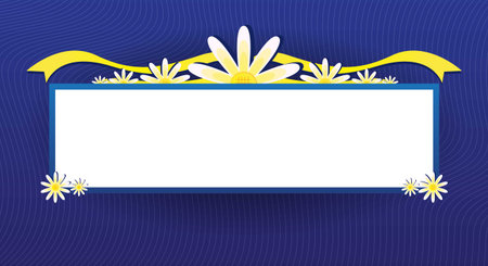 Illustration of a blue background with a yellow ribbon and daisiesのイラスト素材