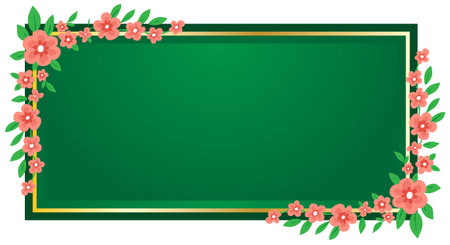 Blank green background with flowers and gold frame. Vector illustration.のイラスト素材