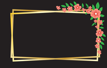 Gold frame with flowers and leaves on black background. Vector illustration.のイラスト素材