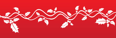 Holly and mistletoe border over red background. Vector illustration.のイラスト素材