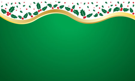 Green Christmas background with holly leaves and gold ribbon. Vector illustration.のイラスト素材