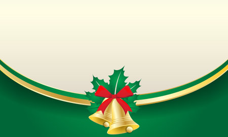 Christmas background with bells and holly leaves on a green background.のイラスト素材