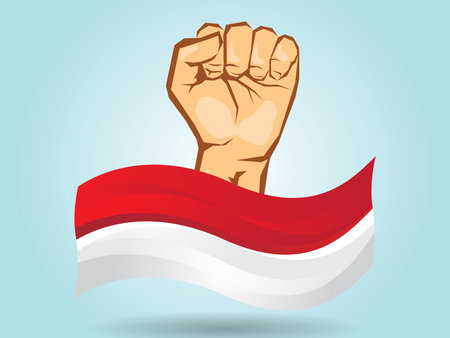 Indonesia flag with a clenched fist. Protest concept. Vector illustrationのイラスト素材