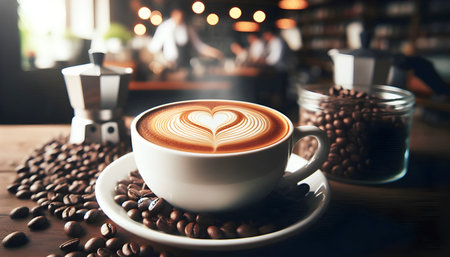 Cup of coffee with latte art on wooden table in cafeの素材