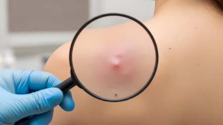 Dermatologist examining the skin of a female patient using a magnifying glassの素材