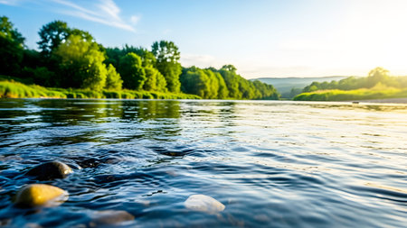 Beautiful summer landscape with river and forest on the horizon. Soft focusの素材