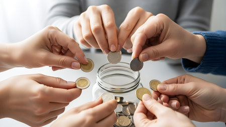 Close up of human hands putting coins into glass jar on white backgroundの素材