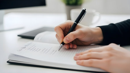 Close-up of businesswoman writing in notebook at workplace in officeの素材