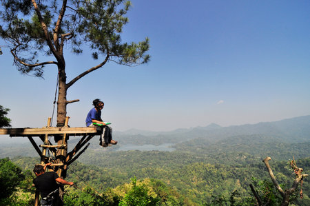 Tourists are enjoying the view at the observation post on the tree of the Kalibiru tourist attraction in Kulon Progo Yogyakarta, Indonesia.のeditorial素材