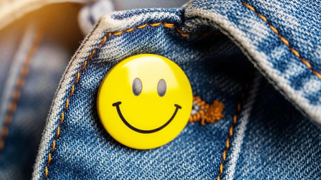 Smiling yellow smiley face button on blue jeans pocket closeupの素材