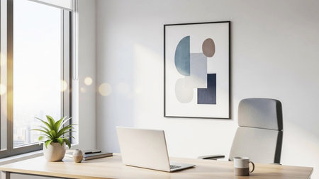 Modern office interior with blank poster on wall, computer and coffee cup. Mock up, 3D Renderingの素材