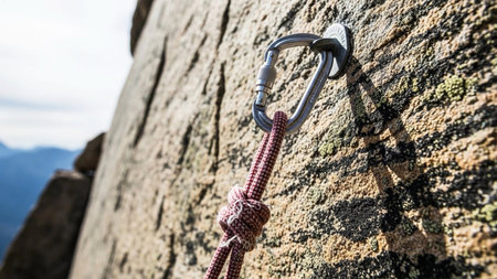 Close up of a climbing rope on a rock. Climbing equipment.の素材