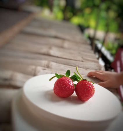 strawberry in the white plate on the bamboo chair (lincak).の写真素材