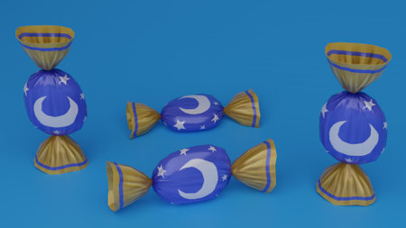 Candy with crescent and moon on blue background. 3D renderingの写真素材