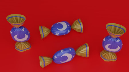 Candies in the shape of a crescent on a red backgroundの写真素材