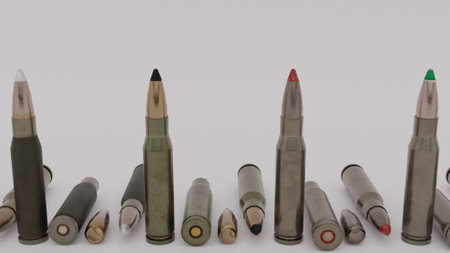 Close-up of a group of bullets on a white background.