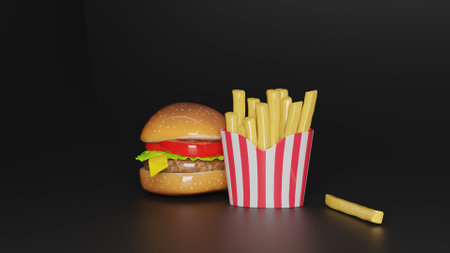 Burger and french fries on a black background. 3d renderingの写真素材