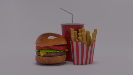 Fast food hamburger and french fries 3d render on gray backgroundの写真素材