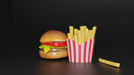 Hamburger and french fries on black background. 3d renderingの写真素材