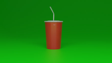 Red plastic cup with a straw on a green background. 3d renderingの写真素材