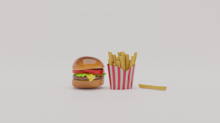 Cheeseburger and french fries isolated on a white background.