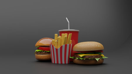 Hamburger and french fries on a dark background. 3d renderingの写真素材