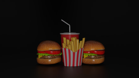 Hamburger and french fries on black background. 3D renderingの写真素材