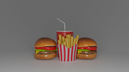 Hamburger and french fries on a gray background. 3d renderingの写真素材