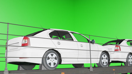White car on the road with green screen background. 3d renderingの写真素材