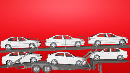 Cars in a row on a red background. 3d renderingの写真素材