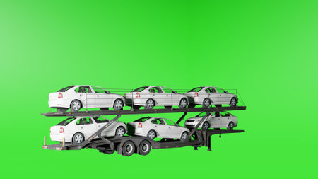 3d rendering of a semi-truck with white cars on green background with shadowの写真素材