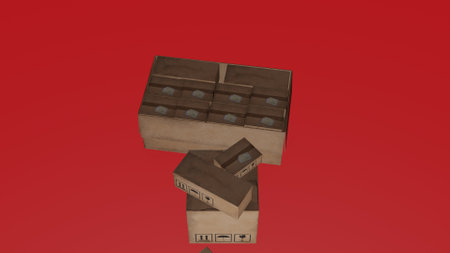 3d rendering of cardboard boxes on a red backgroundの写真素材