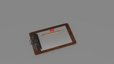 Notepad with pen and pencil on a gray background. 3d renderingの写真素材