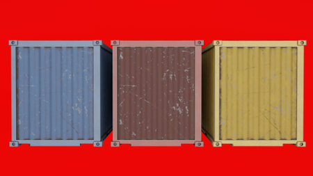 3D rendering of three freight containers on a red background, top viewの写真素材