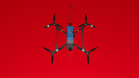 3D rendering of a drone quadcopter isolated on red background