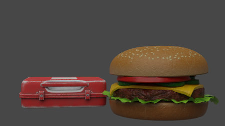Hamburger and lunch box on grey background. 3d illustrationの写真素材