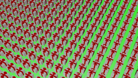 Gift boxes with red ribbons on green background. 3D renderingの写真素材