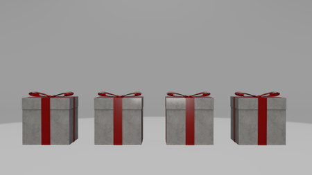 3d render of gift boxes with red ribbons on gray background