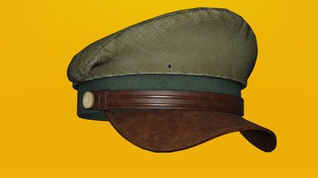 retro military hat isolated on a yellow background. 3d renderingの写真素材
