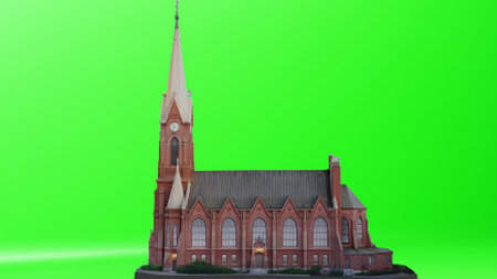 church building on green background. 3d rendering. Computer digital drawing.の写真素材