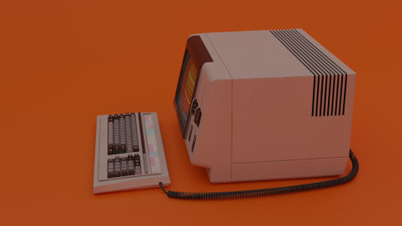 3d rendering of an old retro computer isolated on orange background.の写真素材