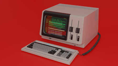 3D rendering of a computer monitor and keyboard isolated on red background