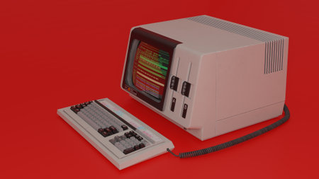 3d rendering of a computer monitor and a calculator on a red background
