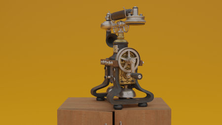 telephone on cabinet with yellow backgroundの写真素材