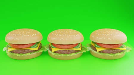 Three hamburgers on green background. Isolated 3D imageの写真素材