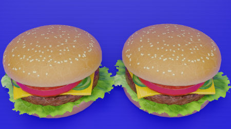 Two hamburgers on a blue background. 3d rendering.の写真素材