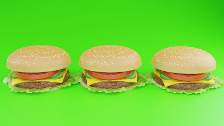 Three cheeseburgers on green background with copy space for textの写真素材